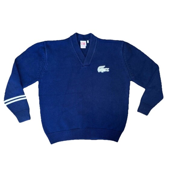 VTG Lacoste LIVE Men’s 7 Navy Blue Knit Sweater Vneck Preppy Crocodile - Picture 1 of 7